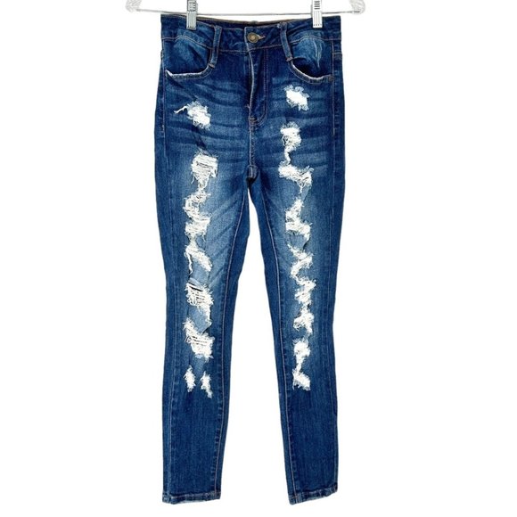 Rue 21 Ankle Jegging Women's 2 Blue Denim High-Rise Deconstructed - Picture 1 of 7